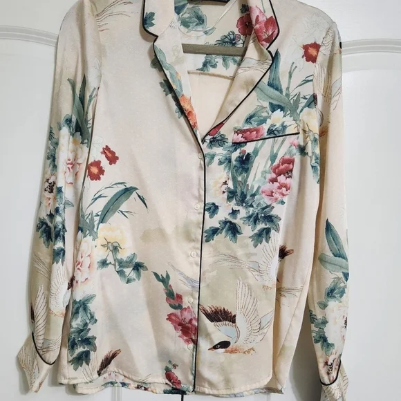 Zara Satin Oriental Japanesse Garden Floral PrintvShirt - Picture 7 of 8